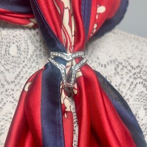 Silver Chevron Style Scarf Ring - Clear Crystal Accents